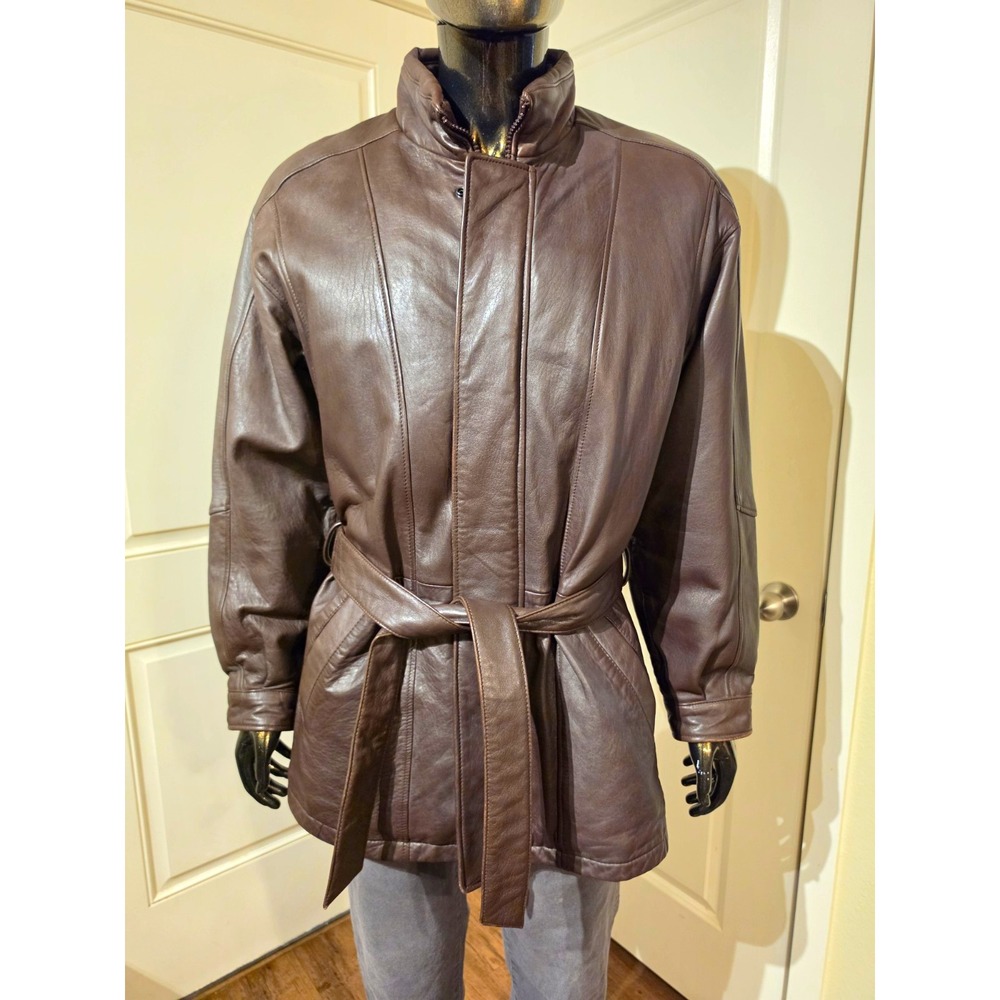 Wilsons Leather Men's Brown Leather Overcoat Belted Zip Lined Mid-Length M
